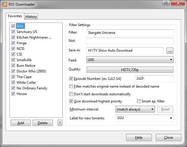 You must do a few things when setting up the RSS Downloader: 1. In uTorrent, add the RSS Feed for your torrent site