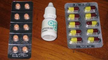 From left : Anti-swelling pills, eye drop & Anti-Biotics