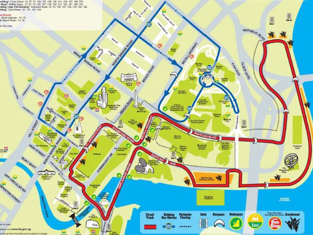 Route of free shuttle bus service (in blue) between Bugis/City Hall MRT stations and Suntec City during F1 race weekend.