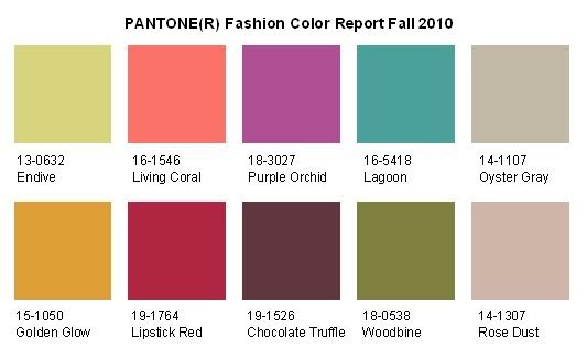Pantone Fashion Color Report for Fall 2010 | Endive, Golden Glow, Living Coral, Lipstick Red, Purple Orchid, Chocolate Truffle, Lagoon, Woodbine,Oyster Gray, Rose Dust
