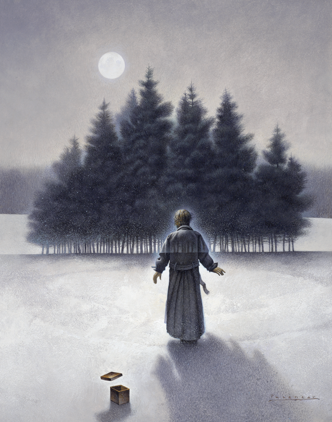 a figure in a bathrobe stands in a snowy field. trees in the distance overlap the figure in an impossible way.