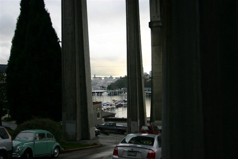 A peek at a Seattle Harbor from under the bridge