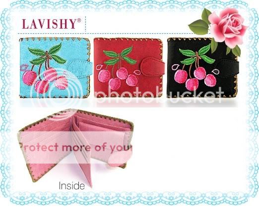   Vegan Leather CHERRY Folding Wallet BLUE Sky Spring Pink Fruit  