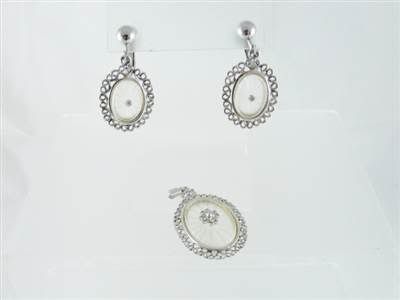 Vtg Pendant & Dangles Clip Earrings, w/ Faux Camphor Glass 