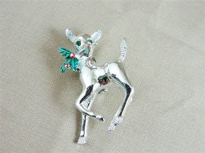 Sweet Vtg Gerrys Reindeer Brooch w/Enameled Holly  